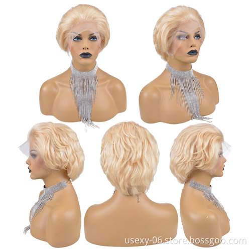 613 Virgin Hair Short Wigs For Black Women Blonde Brazilian Hair Lace Front Pixie Cut Human Hair Wig